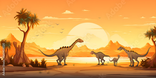 Dinosaurs in nature  with sunset background © Natalina