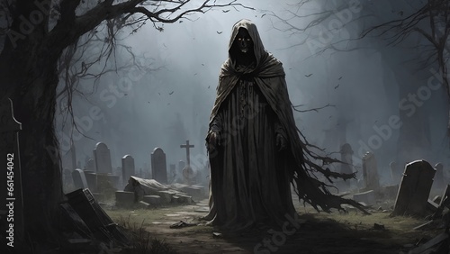 A figure in a tattered cloak, their face hidden in the shadows, beckons you towards a decrepit graveyard. As you follow, you can hear the whispers of the dead and feel their cold breath on your neck.