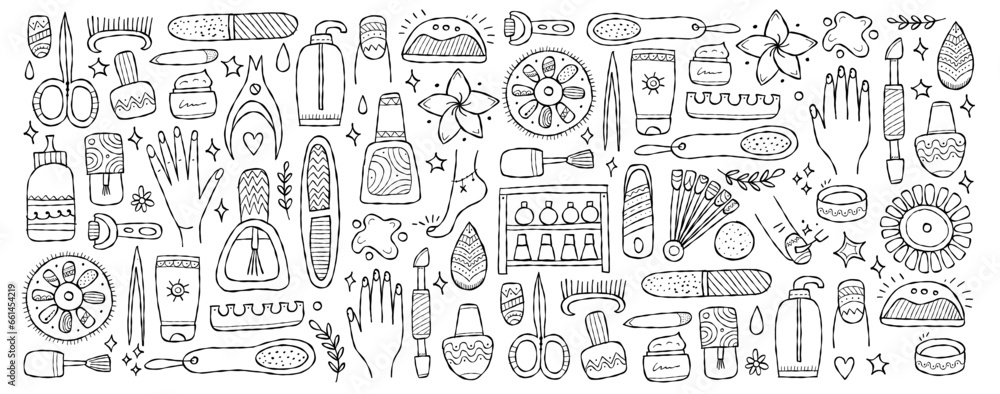 Manicure and pedicure collection. Icons set. Horizontal background for your design. Colouring page