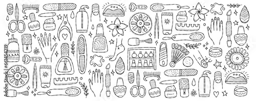 Manicure and pedicure collection. Icons set. Horizontal background for your design. Colouring page