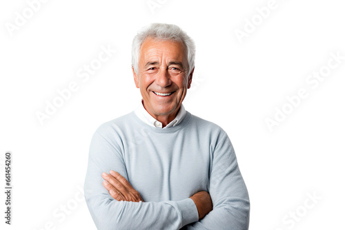 Portrait studio shot of an attractive, healthy senior man smiling relaxedly isolated on transparent png background.