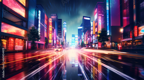 View of vehicles and buildings in Tokyo City with traffic light lines. Japanese town in night  Tokyo. Tokyo Cityscape with Traffic light trails. created with generative AI