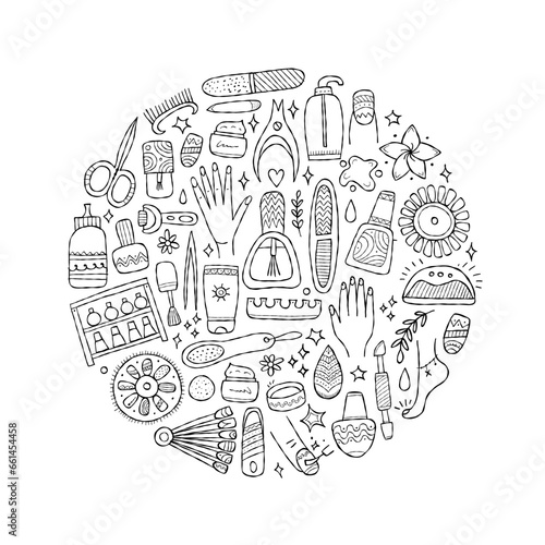 Manicure and pedicure collection. Icons set. Circle background for your design. Colouring page