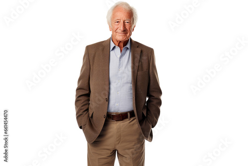 Portrait studio shot of an attractive, healthy senior man smiling relaxedly isolated on transparent png background.