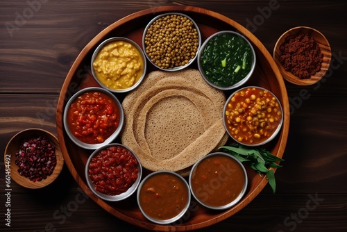 Savor the visuals of Ethiopian cuisine, featuring a flat lay of injera, lentils, and spicy stews, gracefully arranged with intentional empty space for your text. photo