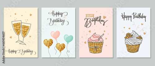 Happy birthday. Set of greeting cards with cakes, balloons, gifts and wineglasses with calligraphy. Cute congratulations templates in a simple style. Vector