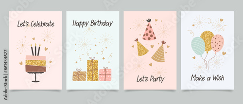 Happy birthday. Set of greeting cards with cakes, balloons, gifts and party hats with calligraphy. Cute congratulations templates in a simple style. Vector