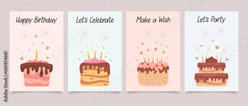 Happy birthday. Set of greeting cards with cakes and candles and calligraphy lettering. Cute congratulations templates in flat style. Vector