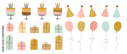 Happy birthday party elements collection. Cakes, balloons, gift boxes and party hats. Festive set in a simple style, decorative elements. Vector