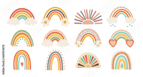 Obraz na plátně Set of doodles, hand drawn rainbows in retro boho style