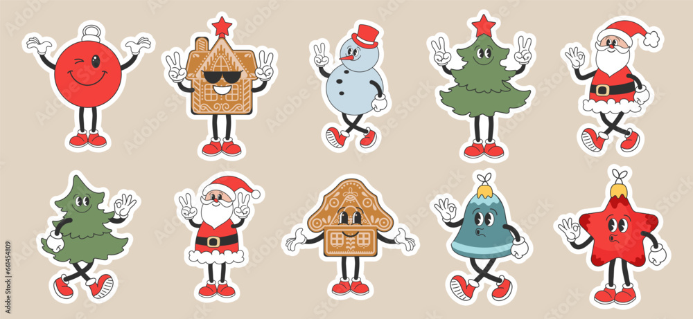 Set of Christmas stickers, Groovy retro characters. Snowman, Santa Claus, Christmas tree, gingerbread, bell, star, Christmas ball. Christmas holiday icons in cartoon style. Vector