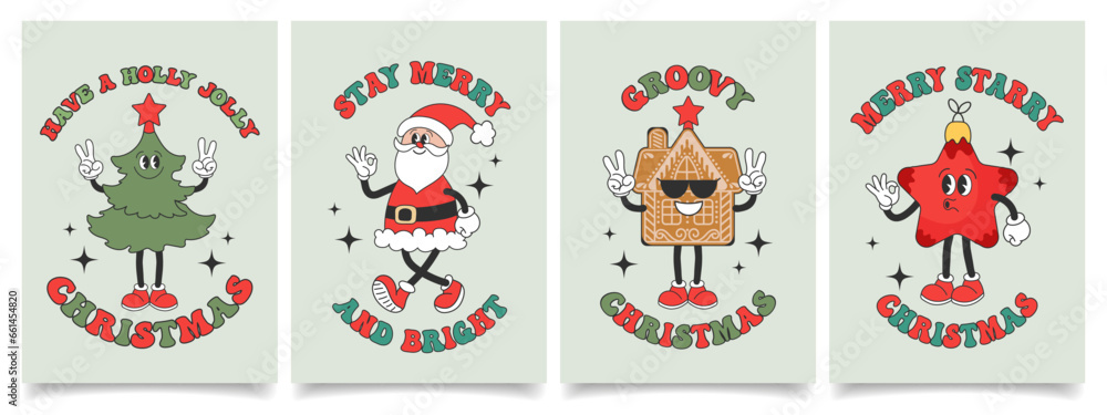 Set of Christmas cards with retro Groovy hippie characters. Santa Claus, Christmas tree, gingerbread, Christmas star. Holiday illustrations in cartoon style. Vector Set of Christmas cards with retro Groovy hippie characters. Santa Claus, Christmas tree, gingerbread, Christmas star. Holiday illustrations in cartoon style. Vector