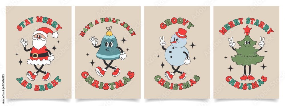 	Set of Christmas cards with retro Groovy hippie characters. Snowman, Santa Claus, Christmas tree, Christmas decoration ball. Holiday illustrations in trendy cartoon style. Vector