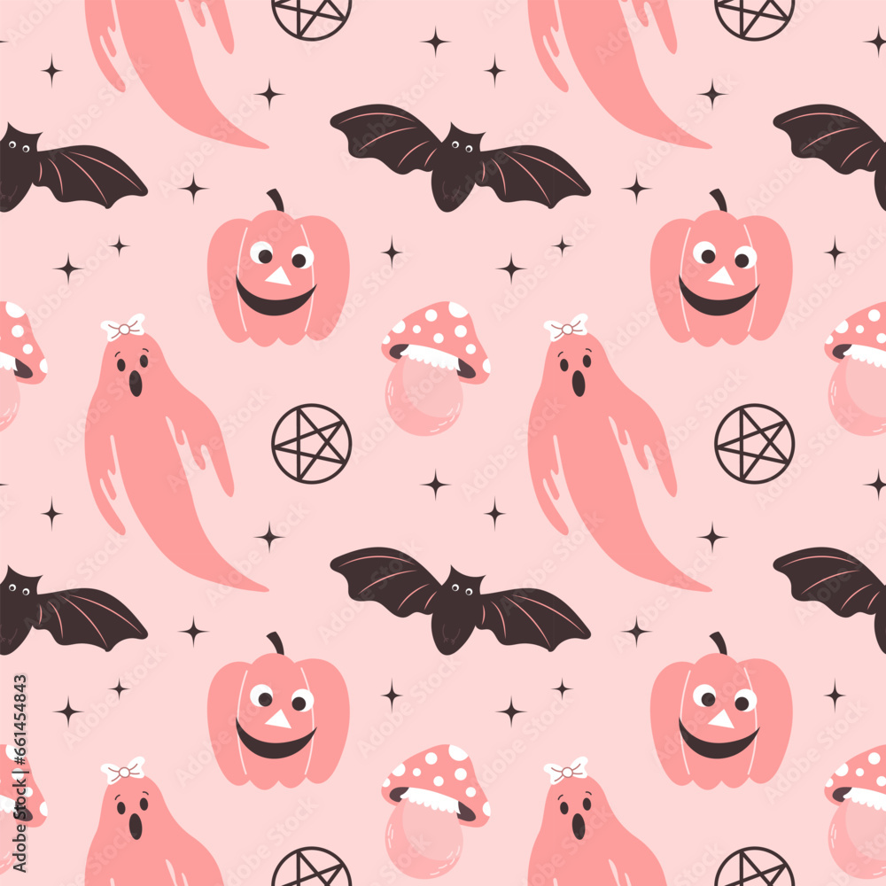 Halloween pink background. Seamless pattern with cute Halloween elements, ghosts, pumpkins, bats and mushrooms. Cartoon design in flat style. Halloween pink background. Seamless pattern with cute Halloween elements, ghosts, pumpkins, bats and mushrooms. Cartoon design in flat style.