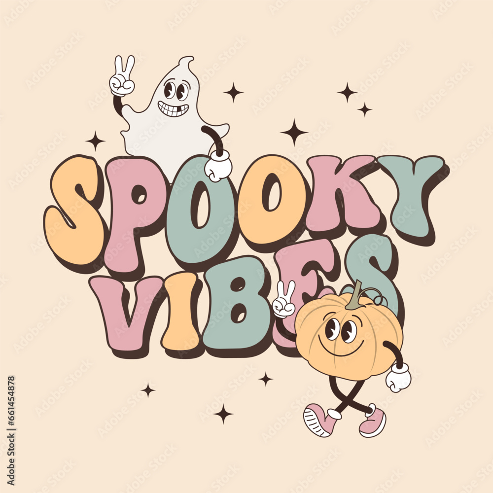 Obraz premium Groovy lettering card for halloween. Spooky season calligraphy and ghost and pumpkin characters. Retro design for posters, cards, t shirts