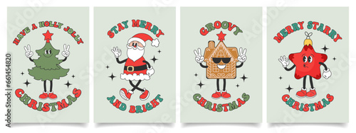 Set of Christmas cards with retro Groovy hippie characters. Santa Claus, Christmas tree, gingerbread, Christmas star. Holiday illustrations in cartoon style. Vector
