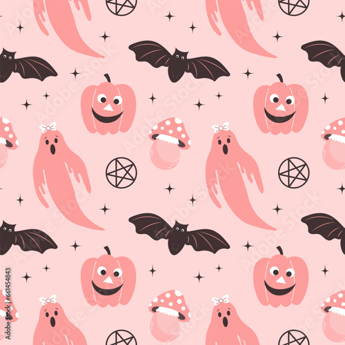 Halloween pink background. Seamless pattern with cute Halloween elements  ghosts  pumpkins  bats and mushrooms. Cartoon design in flat style.