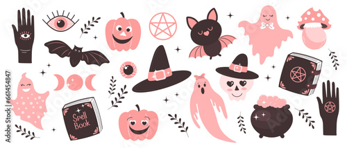 Halloween set with pink elements. Halloween stickers, hand, ghosts, bats, magic pot, moon, pumpkins, eye, spell book and skull. Cartoon design in flat style. Vector