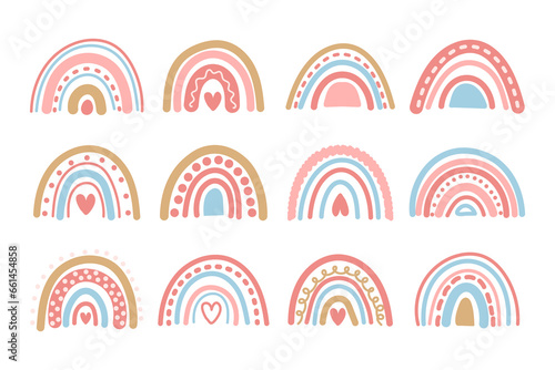 Set of doodles, hand drawn rainbows in retro boho style. Baby stickers, scrapbook icons. Minimal abstract art. Vector
