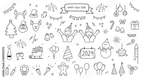 big set happy new year and merry christmas collection  happy new year and merry chrristmas outline style collection  doodle elements