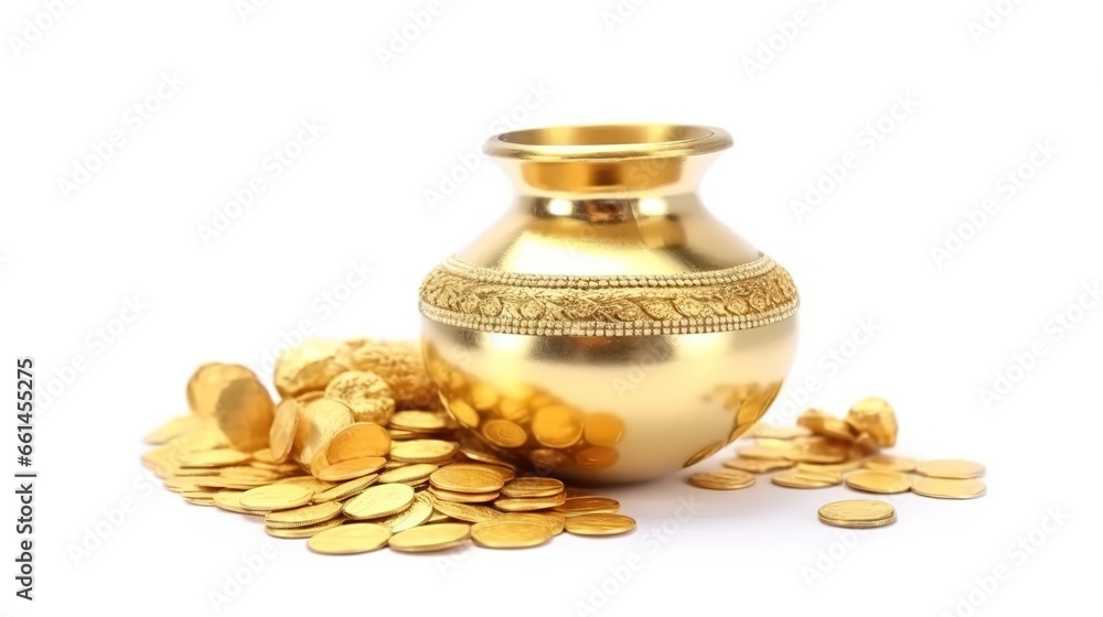 Dhanteras, Akshaya Tritiya, Golden kalash and coins, Generative ai Dhanteras, Akshaya Tritiya, Golden kalash and coins, Generative ai