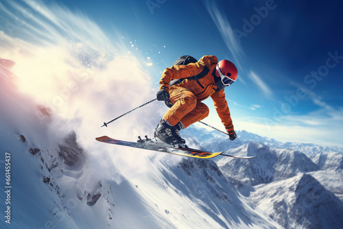 Skier jumping on a sunny mountain slope