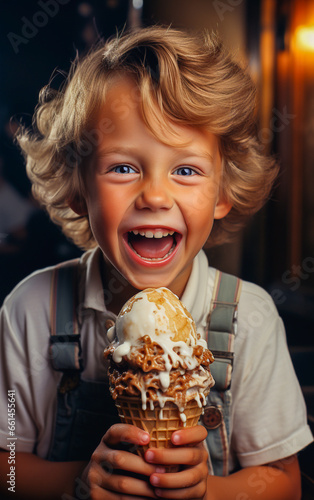 A smiling and happy greedy child eating a big ice cream cone