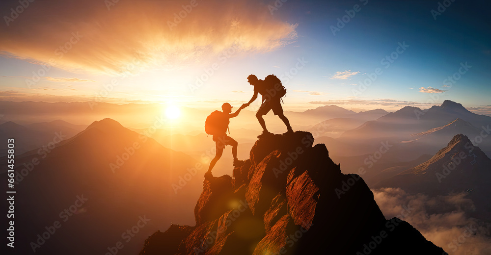 Help and assistance concept. Silhouettes of two people climbing on mountain thanks to mutual assistance and teamwork and partnership. business success and teamwork concept in company - obrazy, fototapety, plakaty 