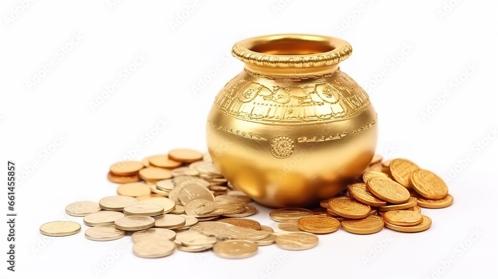 Dhanteras, Akshaya Tritiya, Golden kalash and coins, Generative ai Dhanteras, Akshaya Tritiya, Golden kalash and coins, Generative ai