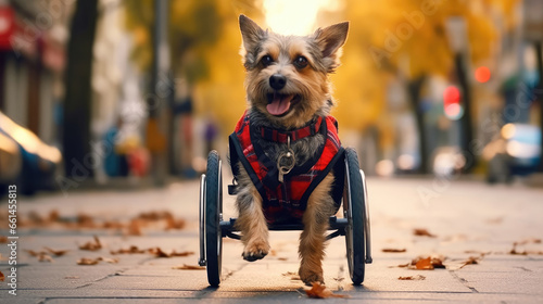 a-happy-dog-with-a-disabled-leg-using-a-wheelchair-for-a-walk-around-the-vet-clinic