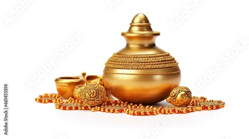 Dhanteras, Akshaya Tritiya, Golden kalash and coins, Generative ai photo