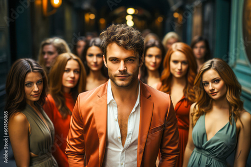 Elegant man surrounded by admiring young women.