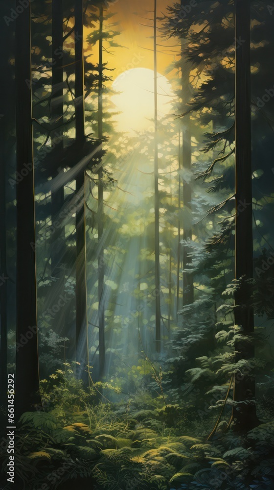Obraz premium Ethereal forest: early sunbeams dance amidst the enveloping morning fog