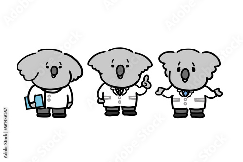 手書き風働くコアラのキャラクター　医療従事者のセット