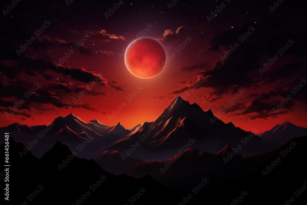 Peak and stars framed by an eerie blood moon glow, nature's night spectacle