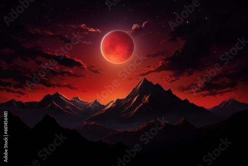 Peak and stars framed by an eerie blood moon glow  nature s night spectacle