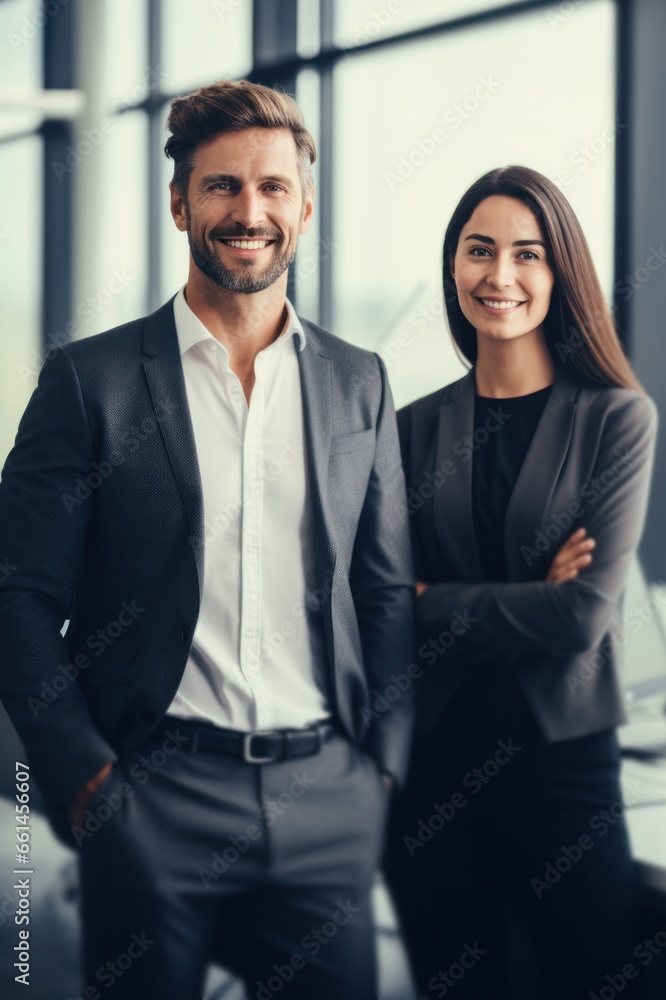 happy male and female business people standing at desk in modern office happy male and female business people standing at desk in modern office