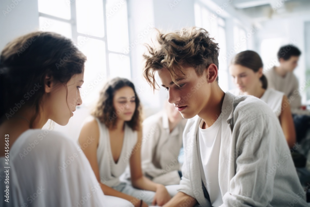 during a group therapy session, a teenage boy's focus is on his female friend during a group therapy session, a teenage boy's focus is on his female friend