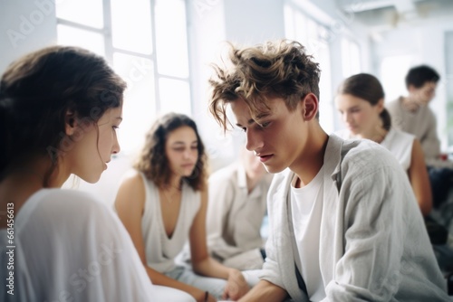 during a group therapy session, a teenage boy's focus is on his female friend
