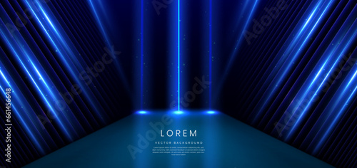 Elegant blue stage background with blue dot neon line and lighting effect sparkle. Luxury template award design.
