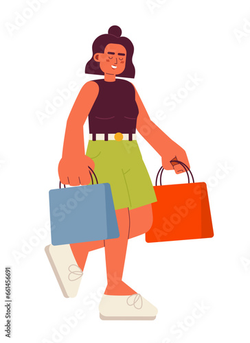 Happy latina girl going shopping semi flat color vector character. Holding shopping bag. Positive. Editable full body person on white. Simple cartoon spot illustration for web graphic design