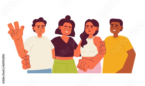 Friendships semi flat color vector characters. Friends group. Multinational positive mates. Editable full body people on white. Simple cartoon spot illustration for web graphic design