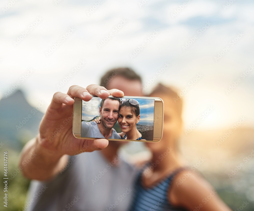 Phone screen, selfie and portrait of happy couple in nature outdoor on summer vacation together. Smartphone, face and picture of man and woman in park for connection, memory of love and relationship