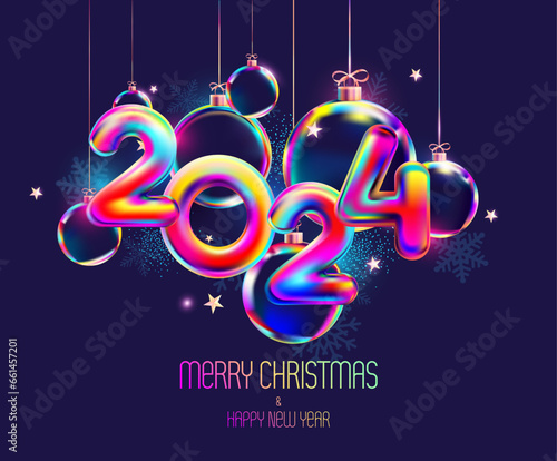 Happy New Year 2024 .Colorful number with iridescent Christmas decoration.