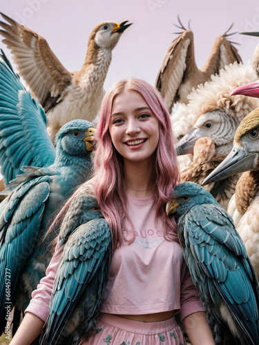 smiling woman surrounded by a lot of birds