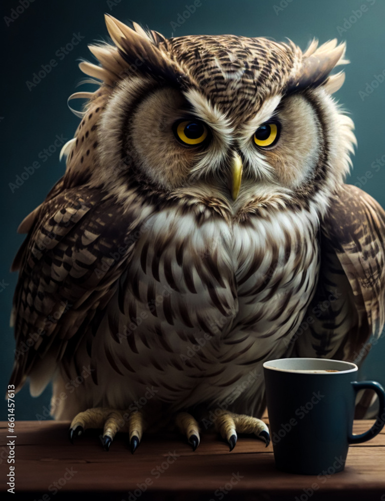 Obraz premium An owl sitting at the bar on a table leaned over a cup of coffee. Ruffled and shaggy owl, generated AI.