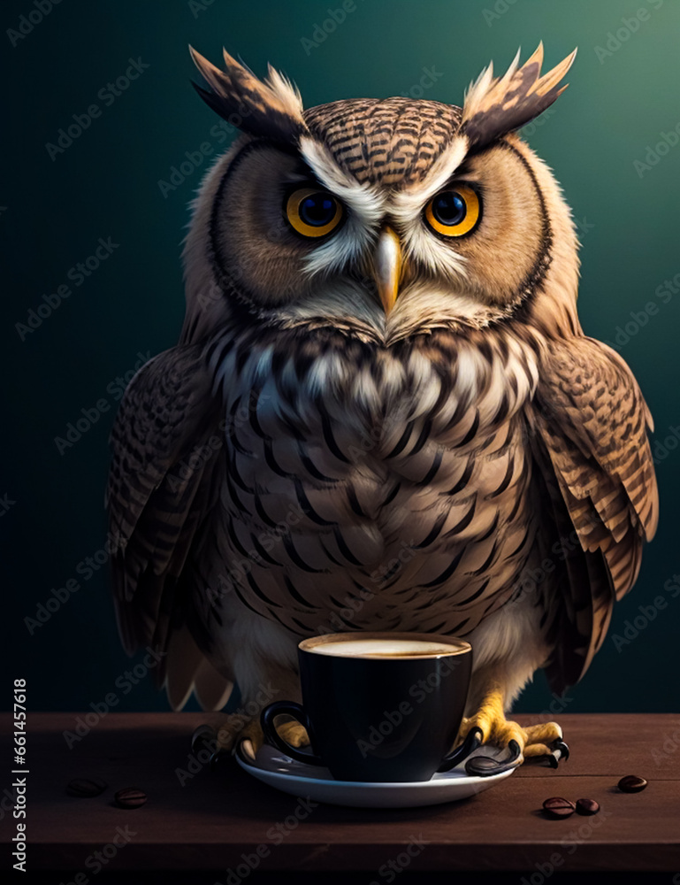 Obraz premium An owl that sits at a table in front of a cup of coffee. Ruffled and shaggy owl, generated AI.