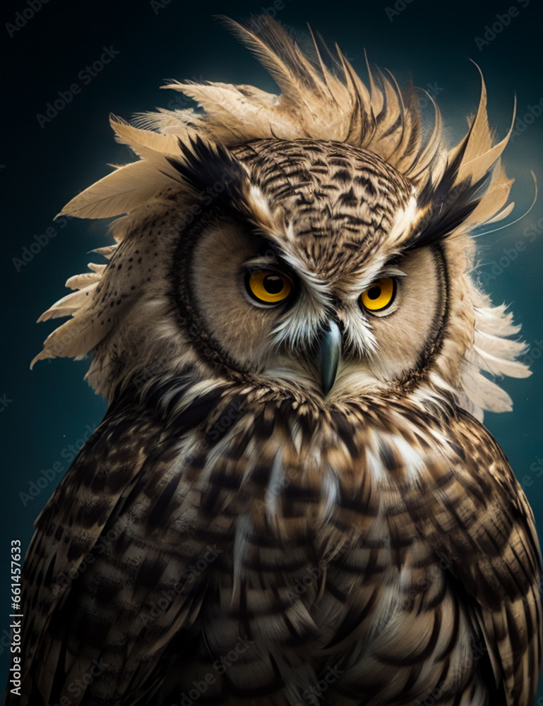 A close-up of an owl with feathers sticking out of its head in different directions. Ruffled and shaggy owl, generated AI. A close-up of an owl with feathers sticking out of its head in different directions. Ruffled and shaggy owl, generated AI.