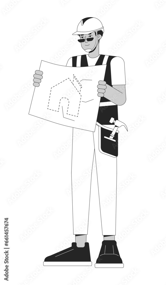 Fototapeta premium Home builder holding blueprint black and white 2D line cartoon character. African american male construction worker isolated vector outline person. Present scheme monochromatic flat spot illustration