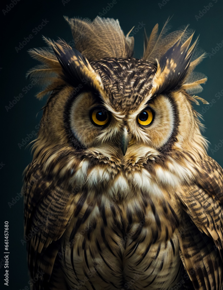 Obraz premium The owl that sits and watches has feathers sticking out on all sides. Ruffled and shaggy owl, generated AI.